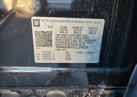 2020 Chevrolet Equinox Lt from USA, damaged, VIN 3GNAXUEV1LL256237